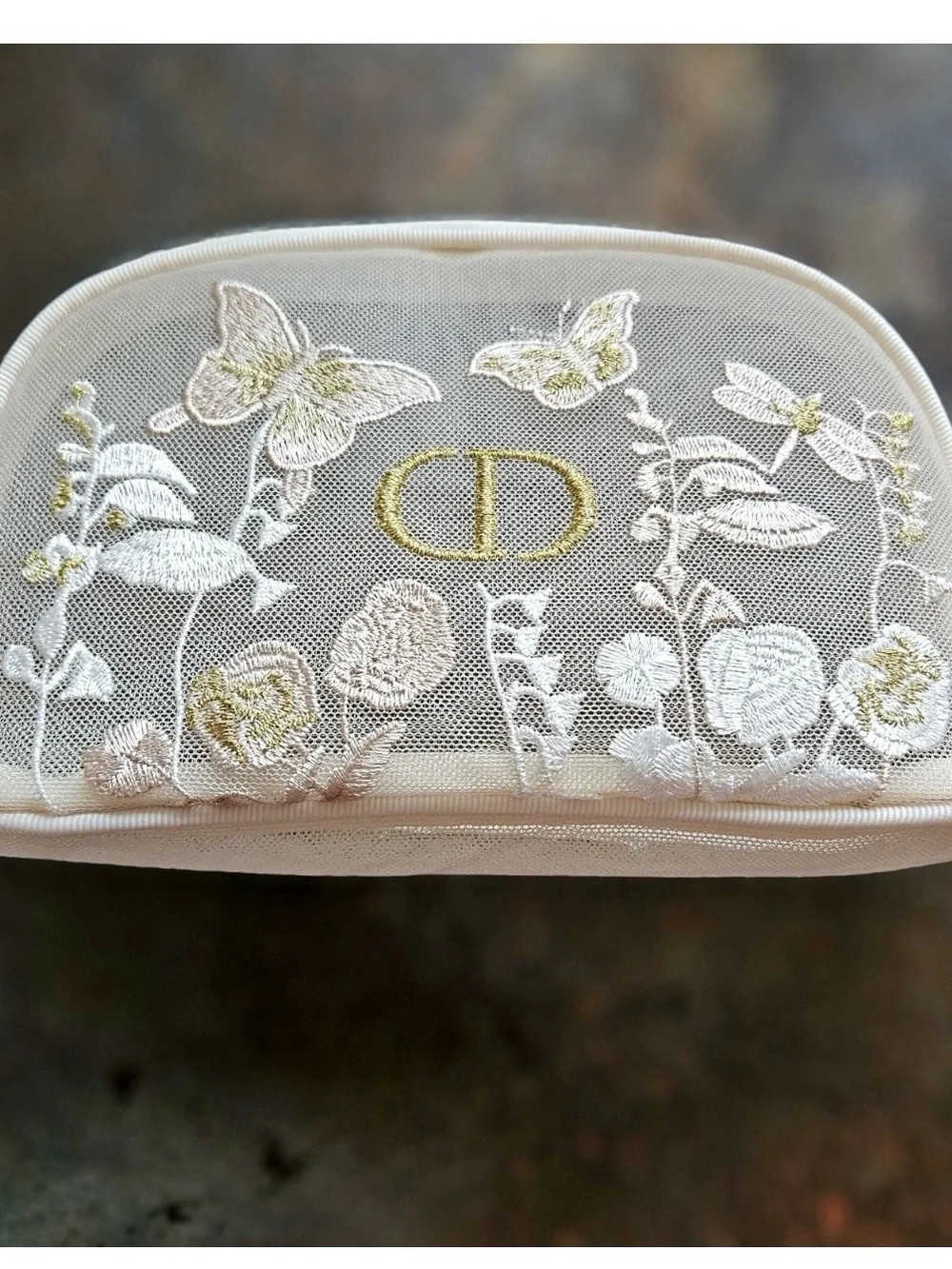 Dior Cream Embroidered Floral Cosmetic Pouch with Gold CD Logo this is a GWP